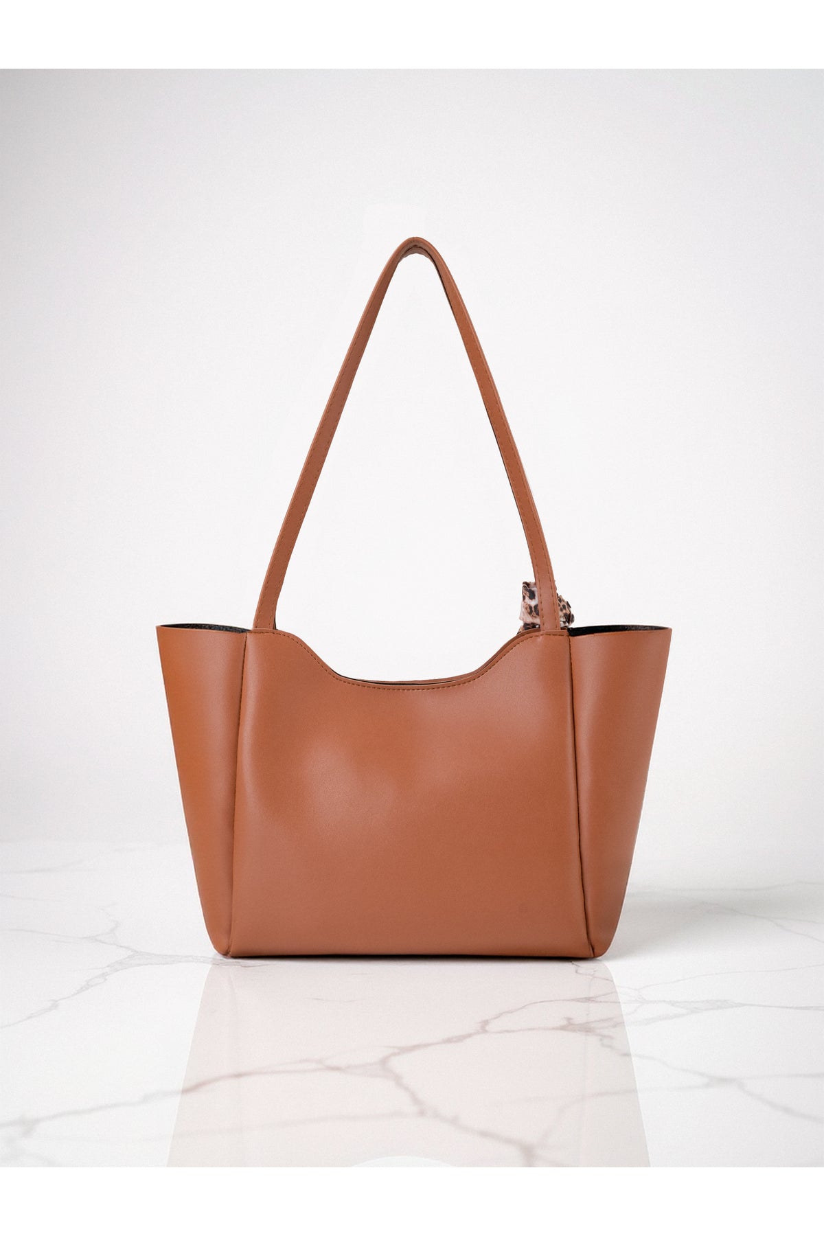 Kadın Fularlı Fermuarlı Shopper El ve Omuz Çantası (Fular Rengi Değişebilir) - Taba