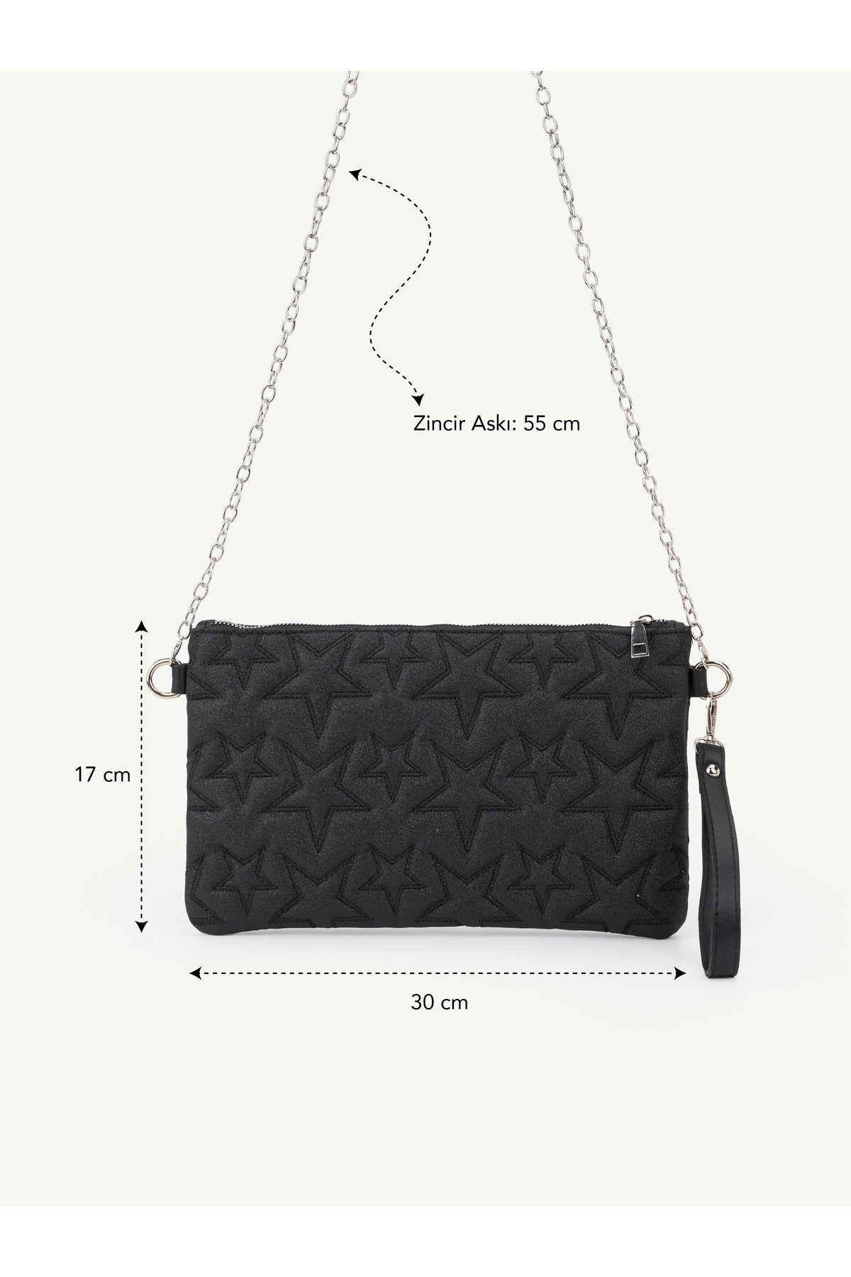 Kadın Yıldız Nakış İşlemeli Portföy El Çantası Bilek Askılı Saten Astarlı Clutch Çanta - Simli Siyahh