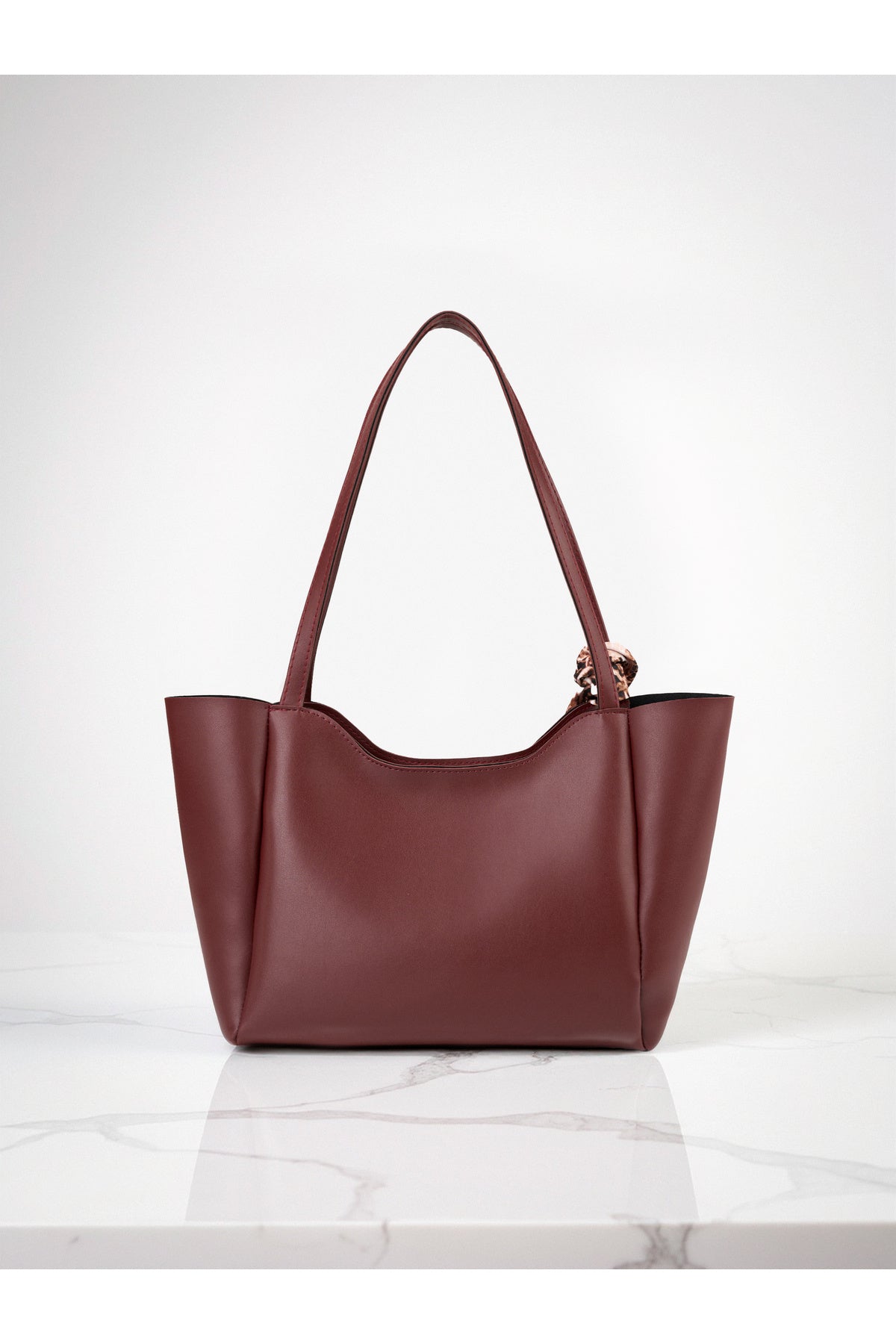 Kadın Fularlı Fermuarlı Shopper El ve Omuz Çantası (Fular Rengi Değişebilir) - Bordo