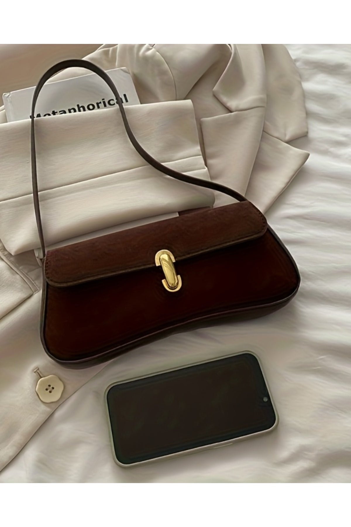 Liva Rugan Kadın Vintage Gold Tokalı Retro Model El ve Omuz Çantası - Kahverengi