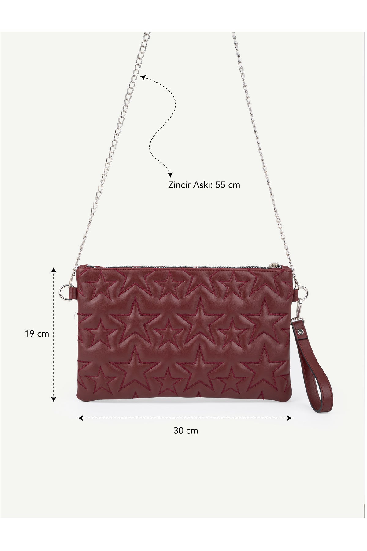 Kadın Yıldız Nakış İşlemeli Portföy El Çantası Bilek Askılı Saten Astarlı Clutch Çanta - Bordo