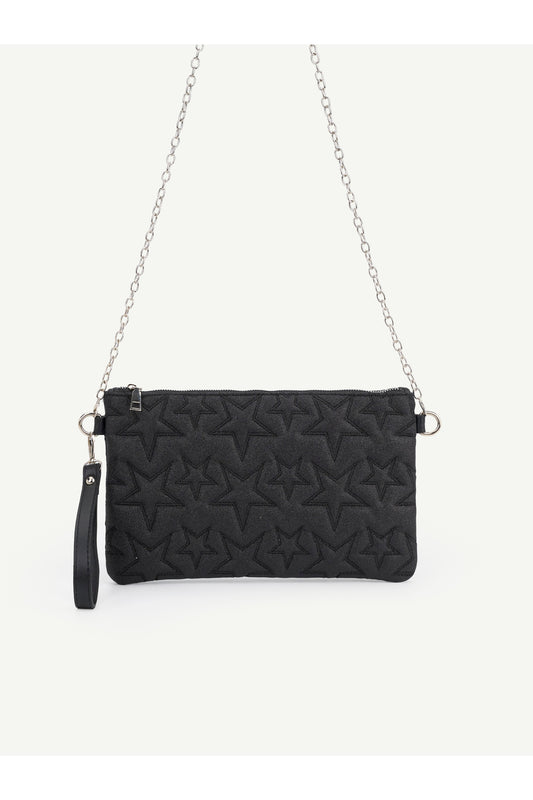 Kadın Yıldız Nakış İşlemeli Portföy El Çantası Bilek Askılı Saten Astarlı Clutch Çanta - Simli Siyahh