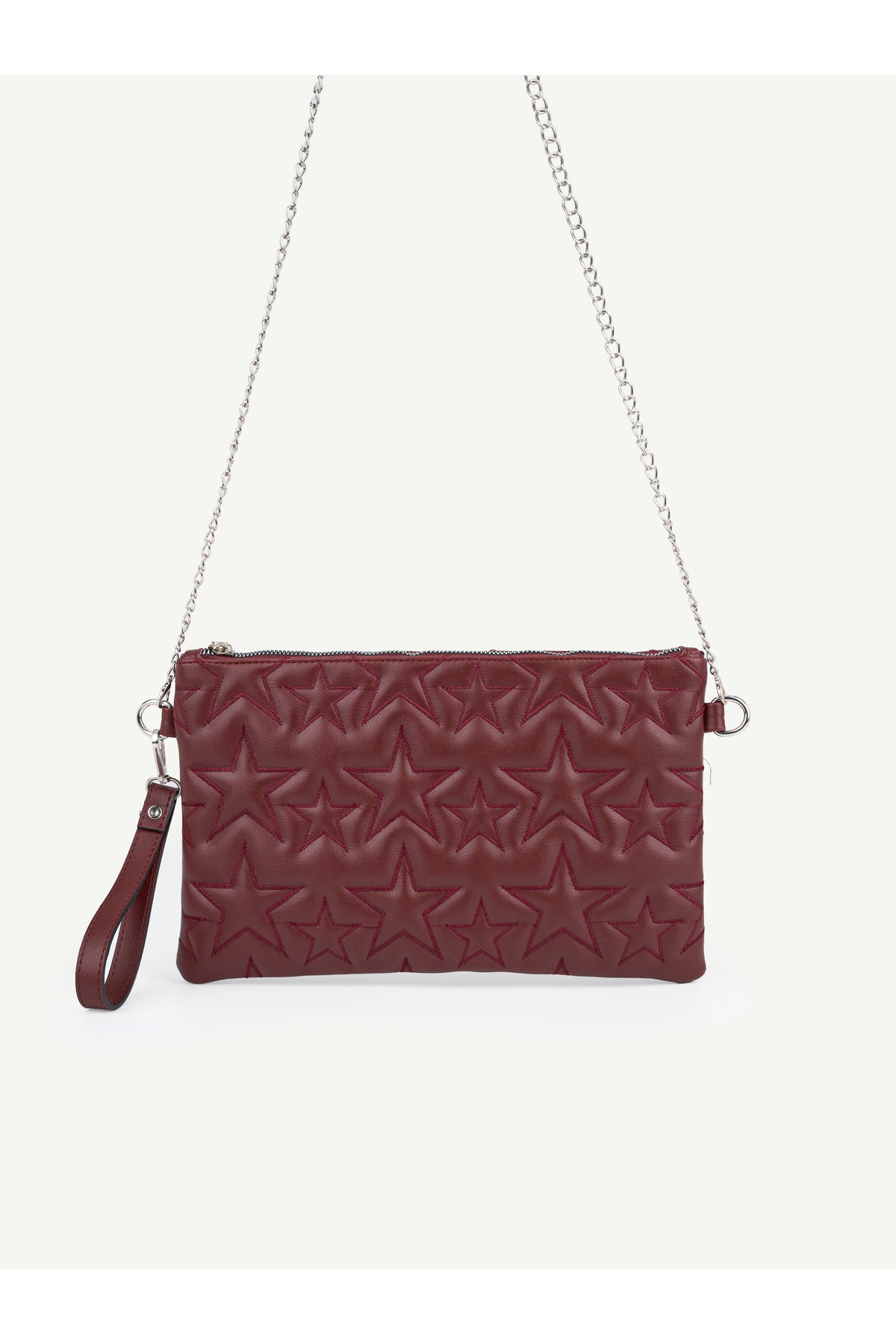 Kadın Yıldız Nakış İşlemeli Portföy El Çantası Bilek Askılı Saten Astarlı Clutch Çanta - Bordo