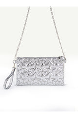 Kadın Yıldız Nakış İşlemeli Portföy El Çantası Bilek Askılı Saten Astarlı Clutch Çanta - Gümüş