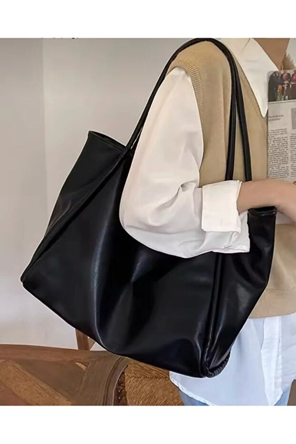 Kadın Basic Model Yumuşak Deri Büyük Boy Günlük El & Omuz & Kol Çantası Lacivert - Siyah