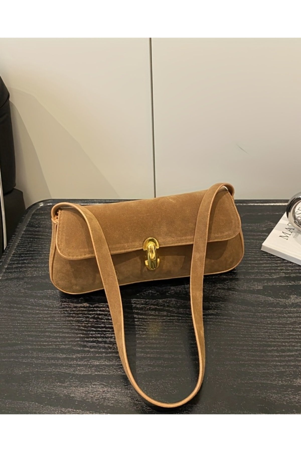 Liva Rugan Kadın Vintage Gold Tokalı Retro Model El ve Omuz Çantası - Vizon