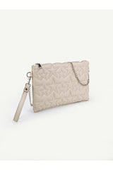 Kadın Yıldız Nakış İşlemeli Portföy El Çantası Bilek Askılı Saten Astarlı Clutch Çanta - Krem
