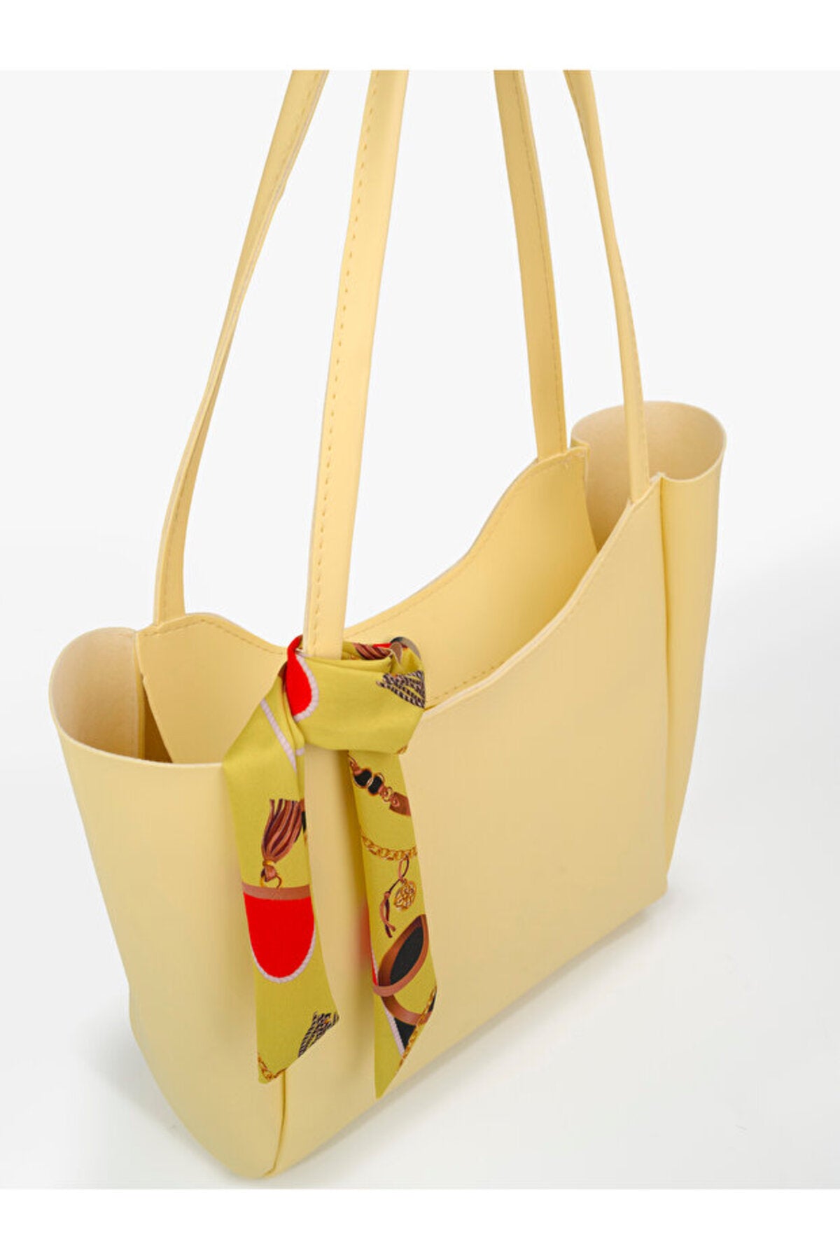 Kadın Fularlı Fermuarlı Shopper El ve Omuz Çantası (Fular Rengi Değişebilir) - Sarı