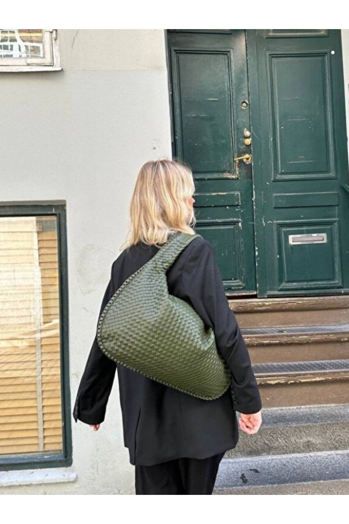 Lena Kadın Örgü Detay Büyük Boy Omuz ve Tote Çanta Günlük Geniş Hacimli - Haki