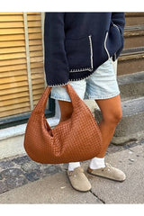 Lena Kadın Örgü Detay Büyük Boy Omuz ve Tote Çanta Günlük Geniş Hacimli - Taba