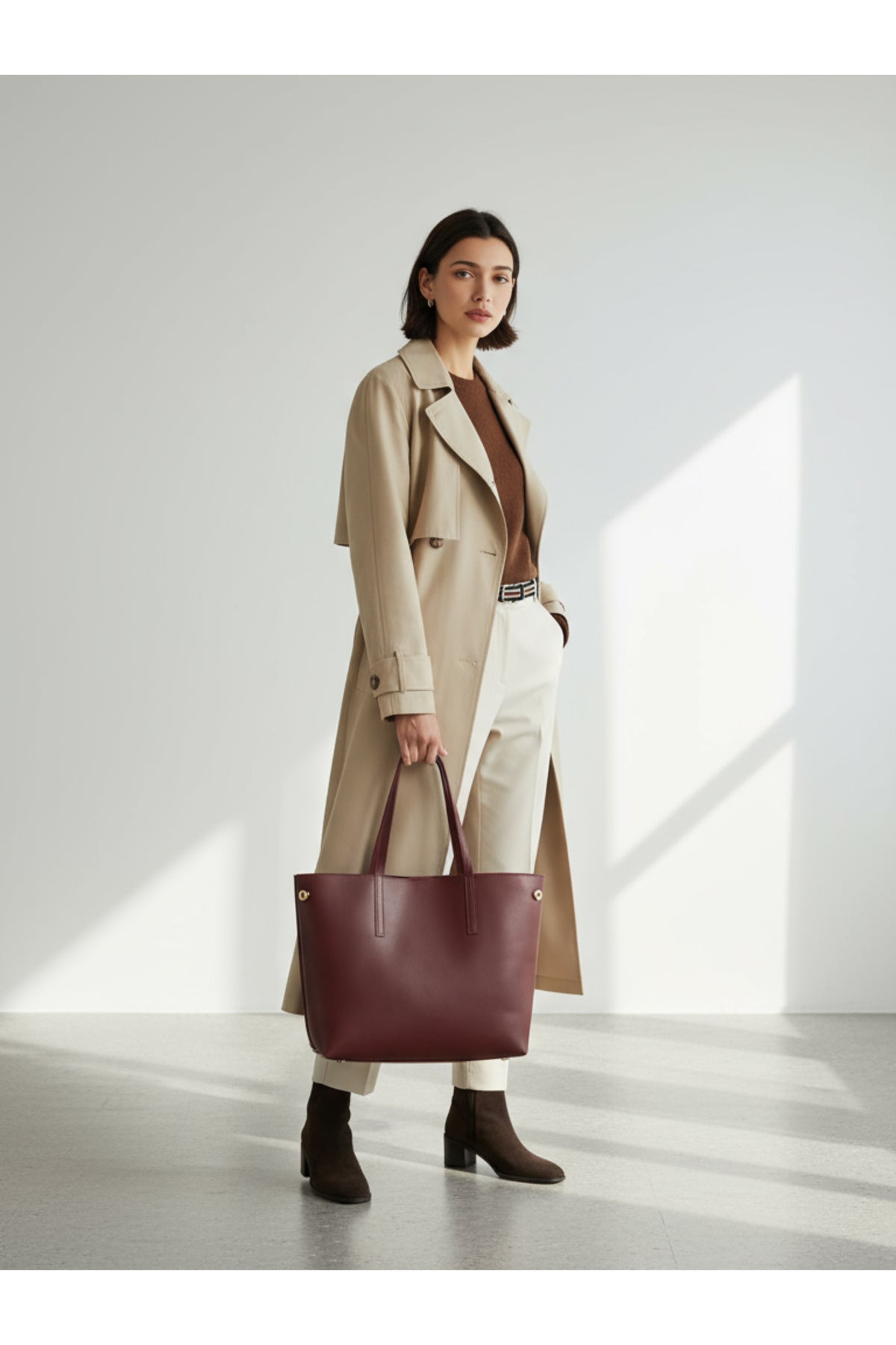 Kadın Büyük Boy Tote Model El ve Omuz Çantası Beyaz - Bordo
