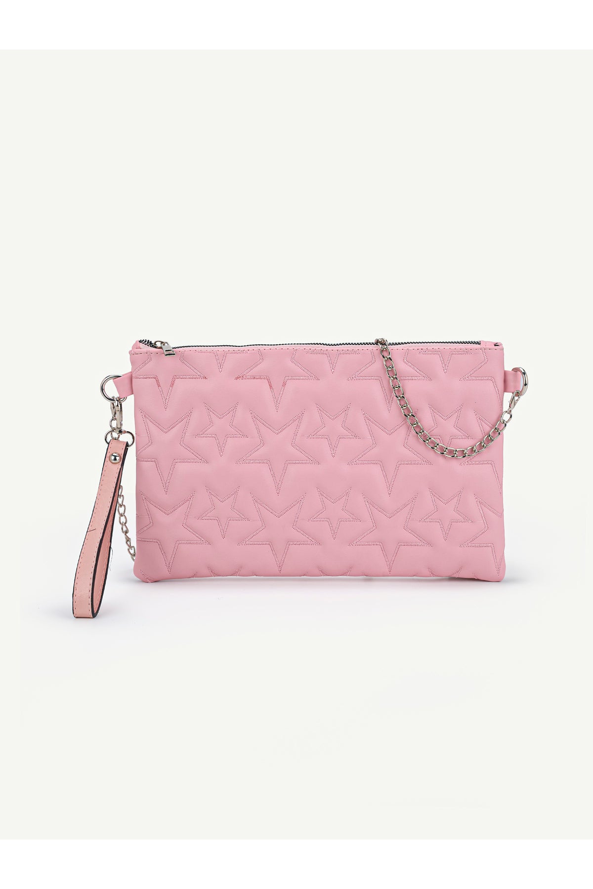 Kadın Yıldız Nakış İşlemeli Portföy El Çantası Bilek Askılı Saten Astarlı Clutch Çanta - Pembe