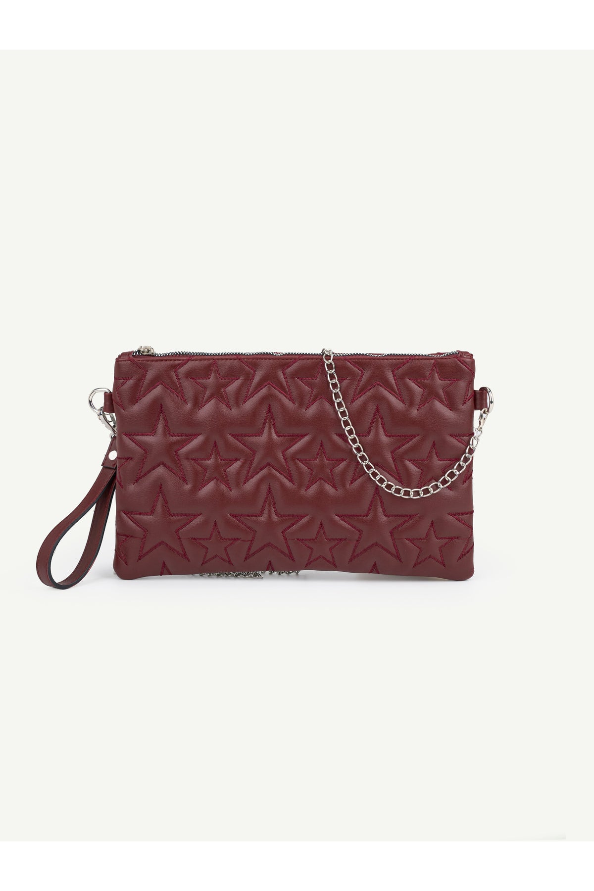 Kadın Yıldız Nakış İşlemeli Portföy El Çantası Bilek Askılı Saten Astarlı Clutch Çanta - Bordo