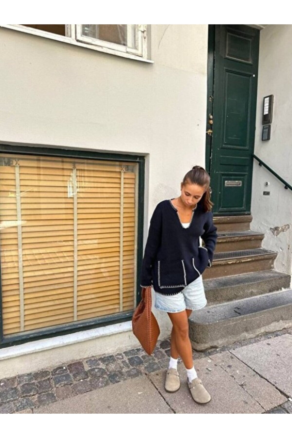 Lena Kadın Örgü Detay Büyük Boy Omuz ve Tote Çanta Günlük Geniş Hacimli - Taba
