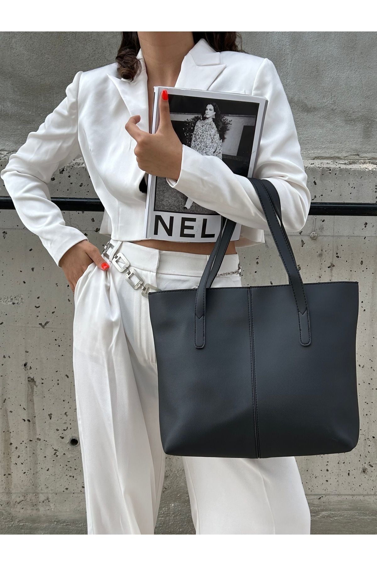 Soft Touch Büyük Boy Tote Model Kadın El Kol ve Omuz Çantası Vizon - Siyah