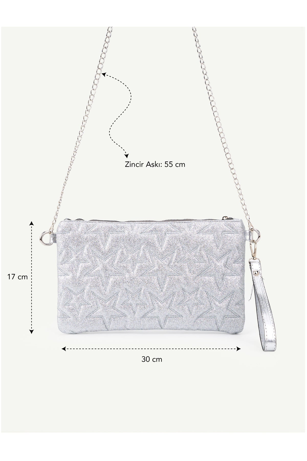 Kadın Yıldız Nakış İşlemeli Portföy El Çantası Bilek Askılı Saten Astarlı Clutch Çanta - Simli Gümüş