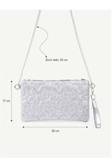 Kadın Yıldız Nakış İşlemeli Portföy El Çantası Bilek Askılı Saten Astarlı Clutch Çanta - Simli Gümüş